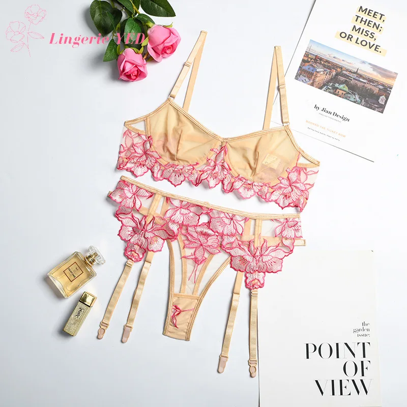 

Embroidery Mesh Sexy Push Up Bra And Thongs Sets Three-Piece Women's See-Through Lingerie Set Sensual Exotic Gathers Underwear E