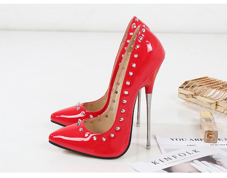 Women high heels 16cm rivet patent leather lady pumps shoes stiletto heel show model female shoes size 46 party sexy woman shoes