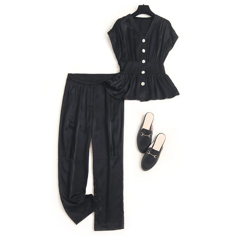 

korean style women Office Lady womens 2 piece sets 2020 fashion Single Breasted V-Neck tops+ Zipper Fly Ankle-Length pants