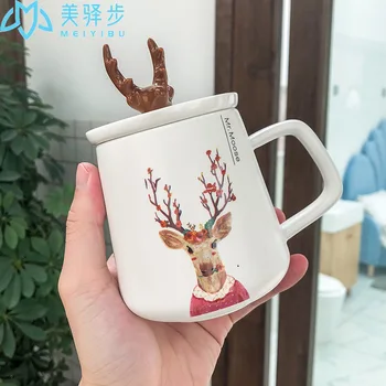 

1 PC Nordic Creative Antler Ceramic Cup with Cover Cartoon Mug for Coffee