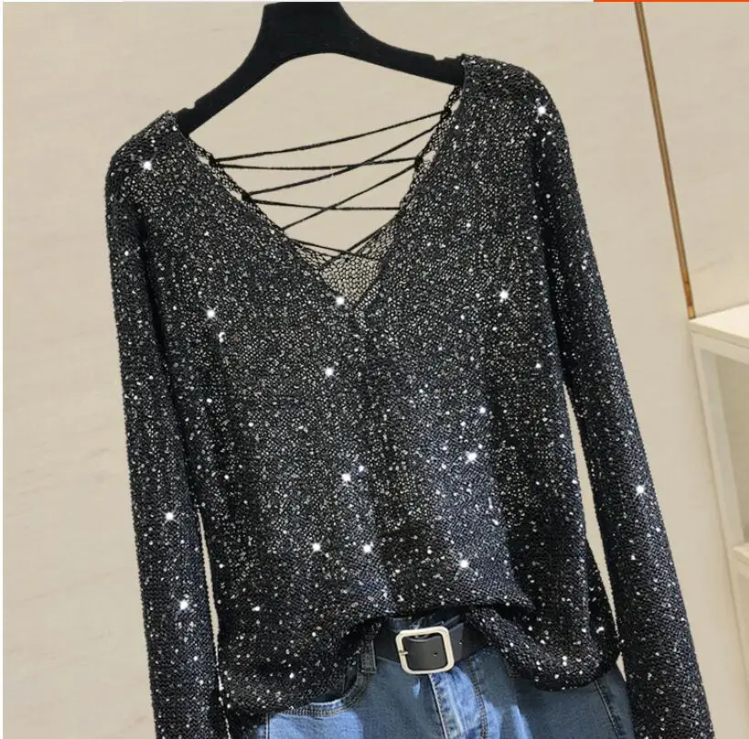 2019 Korean New Spring and Autumn Sequined Flare Sleeve V-neck Thin Sweater Sexy Backless Knit Blouse Pullover Tops | Женская одежда