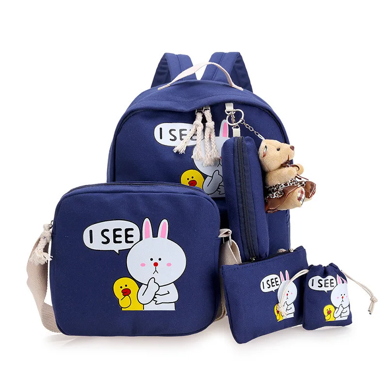 4pcs/set school bags Korean cute cartoon printing children backpacks for teenage girls High quality canvas school backpack - Цвет: blue