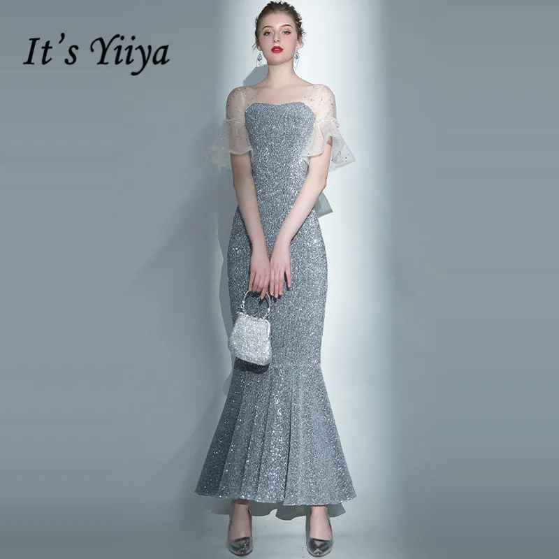 

It's Yiiya Evening Dresses Elegant Sliver Gray Evening Dress Mermaid Strapless Party Gown Plus Size robe de soiree LF015