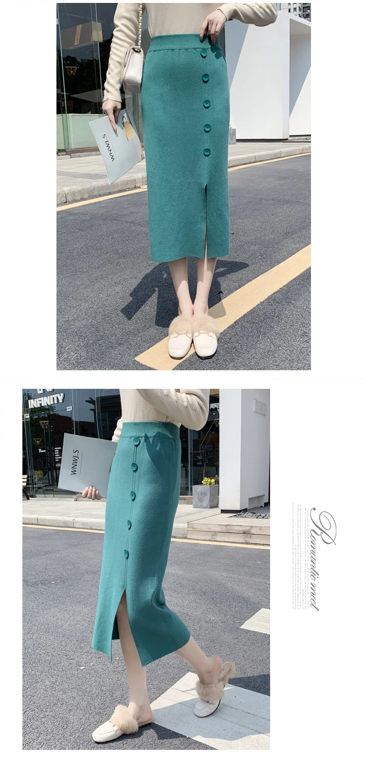 Knitting Cotton Women Korean Skirt Straight Button Knit Women Long Skirt High Waist Winter Skirt