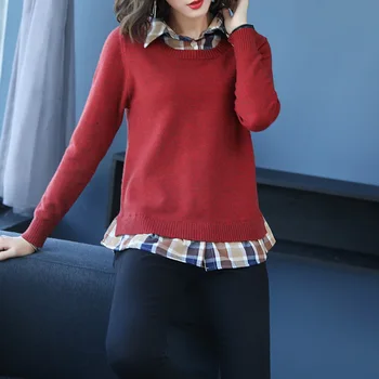 

2020 autumn new style blouse collar sweater, false two sets of knitted Jersey, long sleeves autumn coat tide.