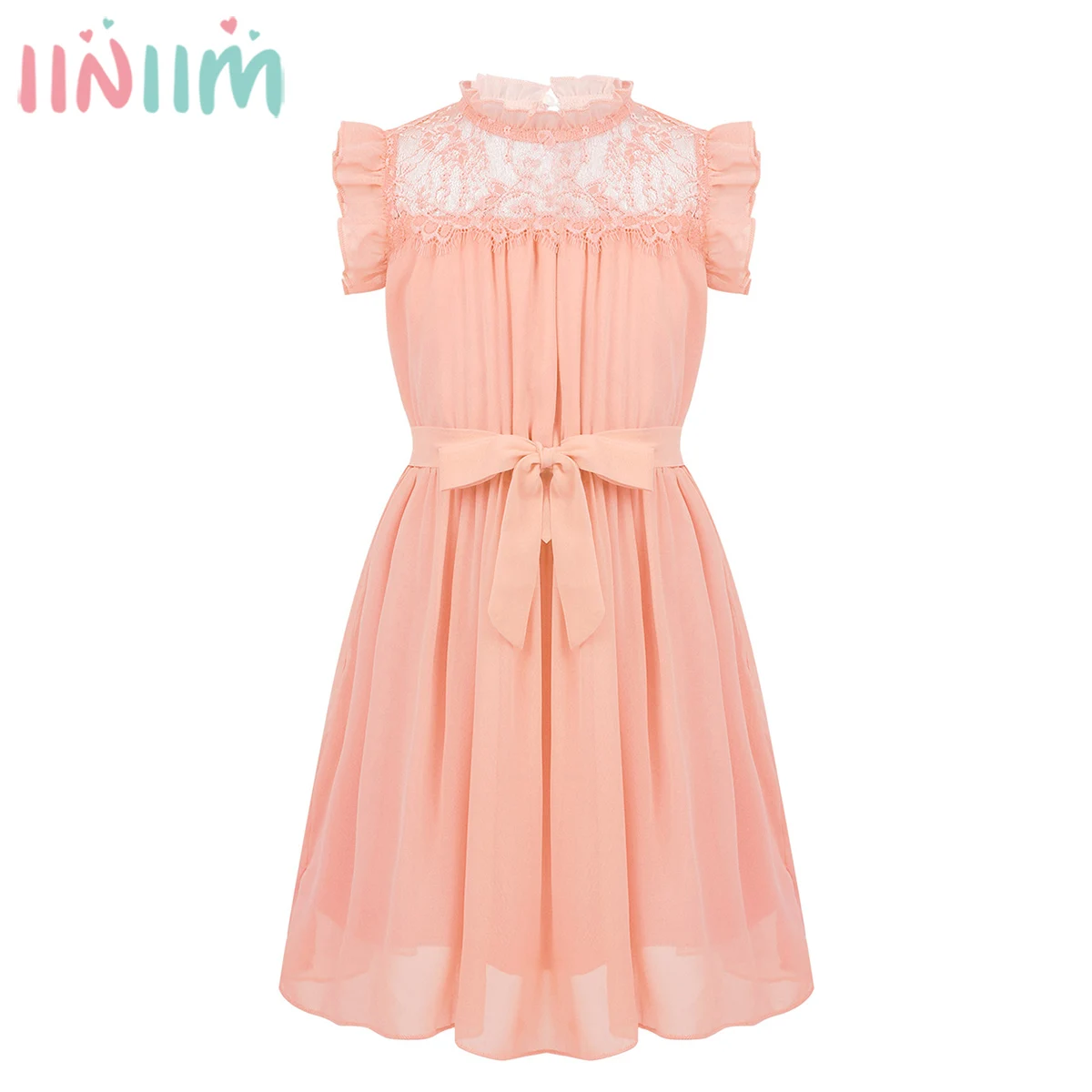 Iiniim/Детское платье принцессы для девочек; одежда для маленьких девочек; шифоновые вечерние платья с оборками и оборками на воротнике, с кружевной окантовкой спереди