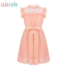 Iiniim/Детское платье принцессы для девочек; одежда для маленьких девочек; шифоновые вечерние платья с оборками и оборками на воротнике, с кружевной окантовкой спереди