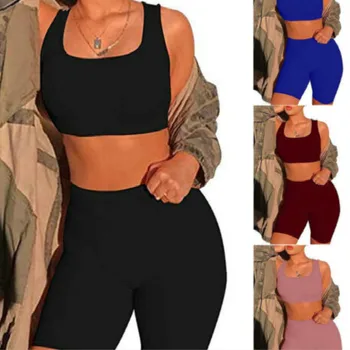 

Summer Women's Solid Color Sexy Fashion Bodycon Two Piece Dress Crop Top Tank Short Pants Set Outfits