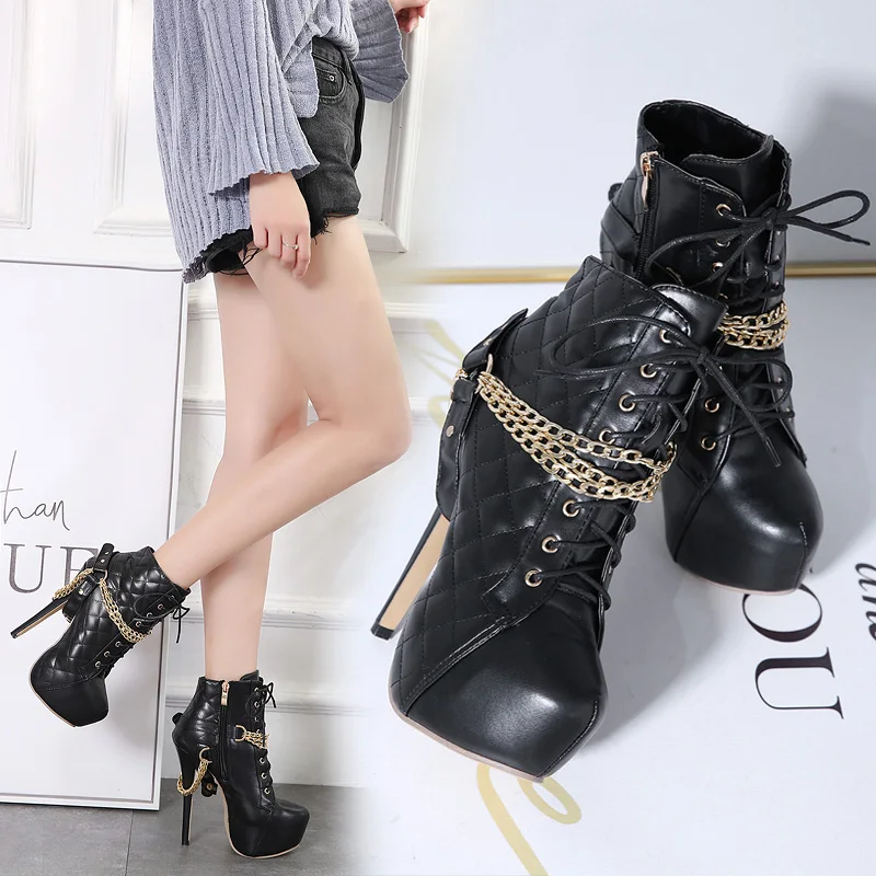 Популярные ботинки на платформе с острым носком и металлической цепочкой; женская обувь на тонком каблуке 14 см; осенние ботильоны; женские ботинки на высоком каблуке
