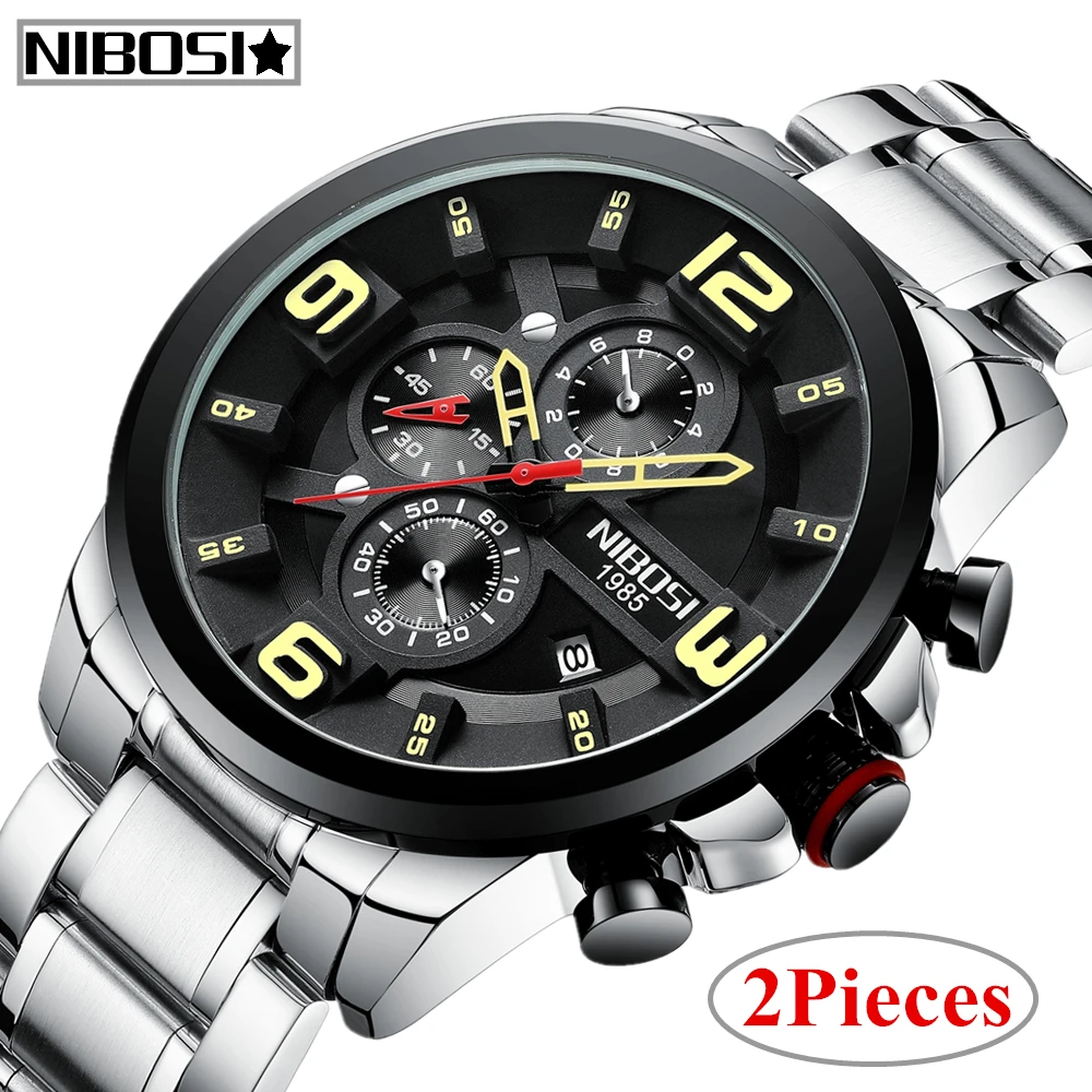 

2Pcs NIBOSI Mens Watches Brand New Relogio Masculino Fashion Full Steel Waterproof Sport Quartz Watch Men Luxury Business Watch