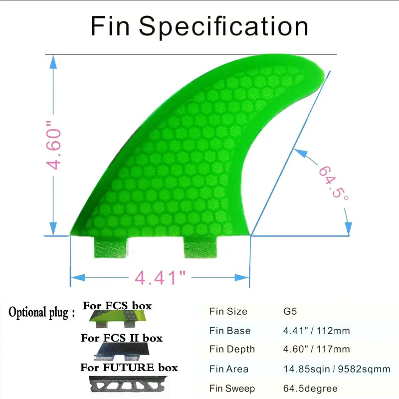 BiLong FCS производительность core PC tri-set серфинга плавники 3-fin G5 размер стекловолокна пористые гребни для сёрфинга ребра M размер зеленый FCS плавники