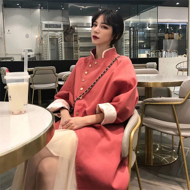 [EWQ] Autumn Winter New Korean Style Long-sleeved Stand Collar Pink Woolen Coat Sweet Plus Size Ladies Warm Overcoat QL488