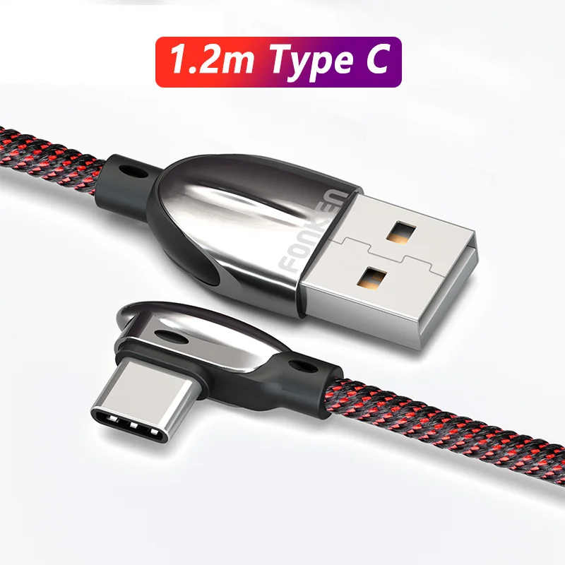 1.2m Type C Cable FONKEN 90 градусов usb type C быстрый заряд кабеля 3A type-C изгиб шнура круглый металлический корпус USB C провода данные андроида кабели мобильного телефона - Цвет: 1.2m Type C Cable