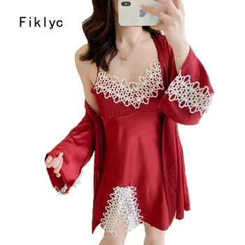 

Fiklyc underwear women's nightdress + bathrobe two pieces robe & gown lounge sets luxury V-neck nightshirts robe sets FAUX SILK