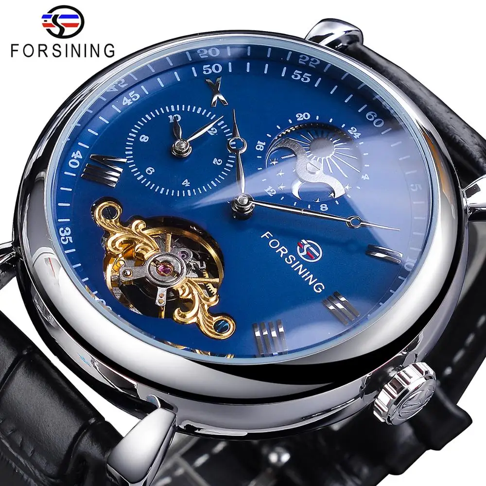 Forsining Dual Time Zone Design Blue Dial Leather Band Automatic Watch New Tourbillon Waterproof Moon Phase Mechanical Watch ideal knight tourbillon movement watches for men two location time display skeleton hollow waterproof men s watch blue earth