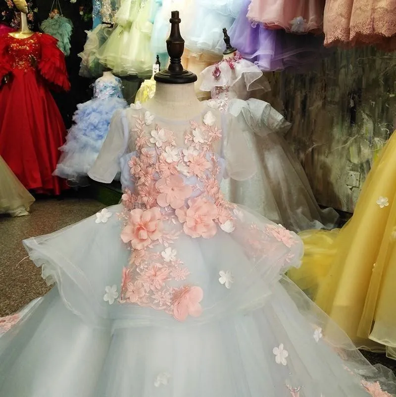 Настоящие фотографии, роскошное платье с цветочным узором для девочек на свадьбу, с 3D цветочной аппликацией, бисером, с коротким шлейфом, тюль с короткими рукавами, торжественная одежда