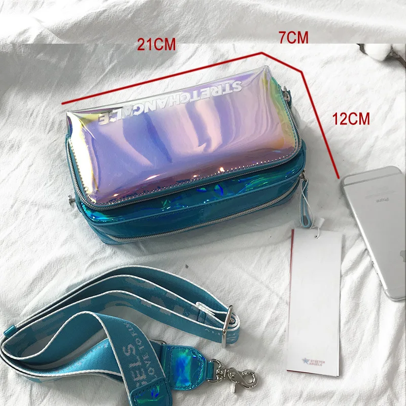 

Versitile Fashion 2019 Summer Online Celebrity Panini Laser Bag Wide-Strap Silver Shoulder Bag Wallet Square Sling Bag