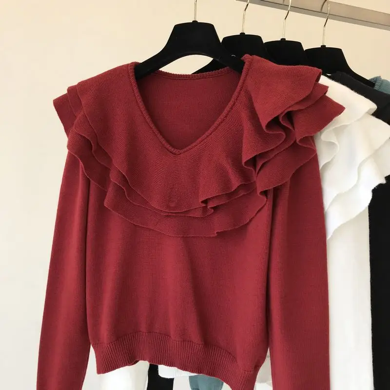 ALPHALMODA осень зима модный свитер с оборками и v-образным вырезом с длинным рукавом Женский Повседневный однотонный вязаный джемпер зимний топ