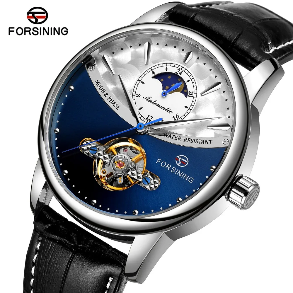2019 классические механические часы Forsining Blue Moon Phase с черным ремешком из