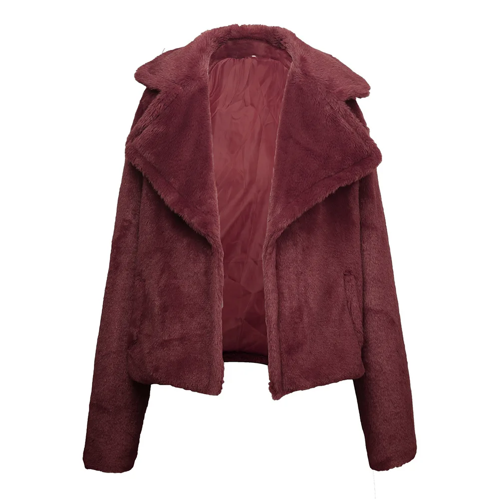 6 цветов зимняя куртка с отделкой из меха, одежда плюшевый пиджак пальто с искусственным мехом женские длинный отложной воротник на молнии Короткая обтягивающая куртка - Цвет: Wine