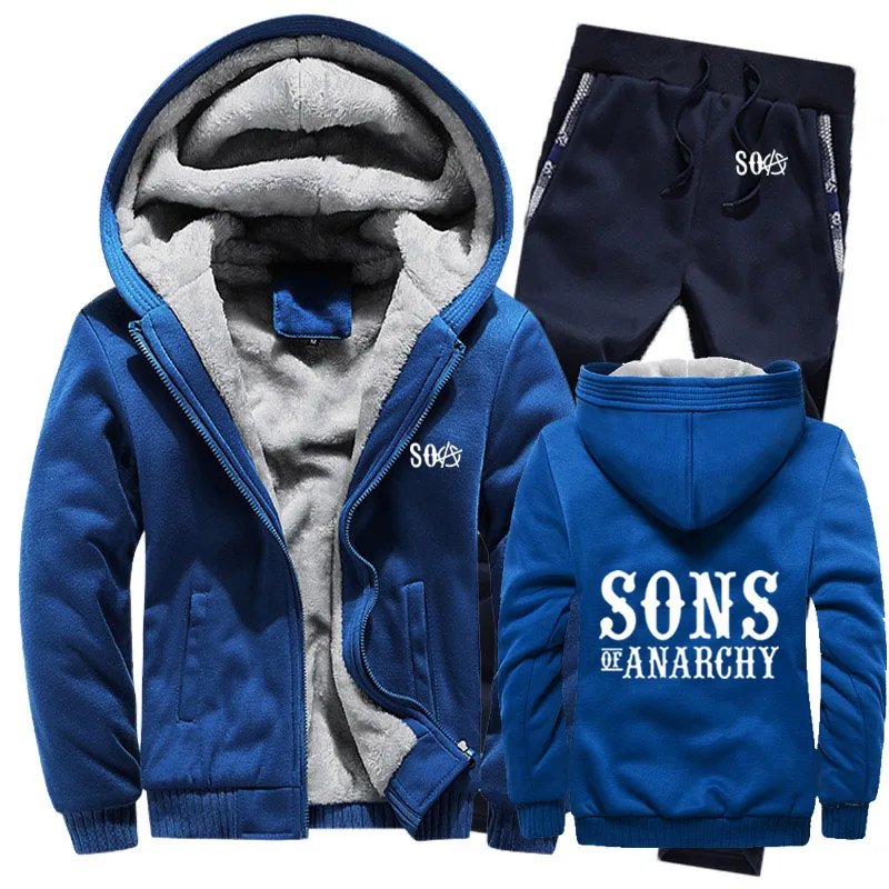 SOA Sons of толстовки анархия мужской костюм зимний флис утолщаются теплые молнии пальто толстовка мужские толстовки куртка+ брюки 2 шт. наборы