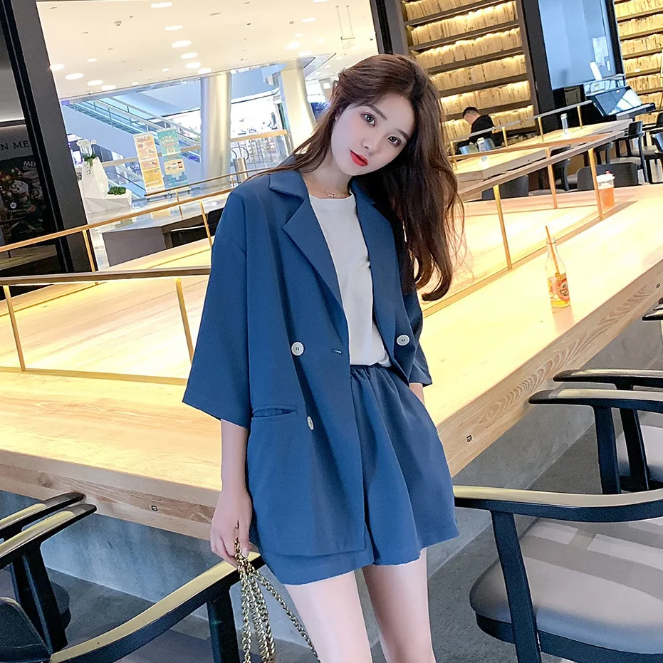 

Photo Shoot Main Push CHIC Young-Style Elegant Blue Loose-Fit Double Breasted High-waisted Wide-Leg Shorts Small Suit WOMEN'S Su