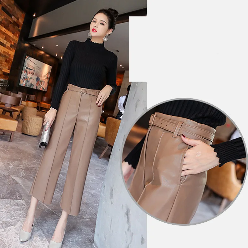 Autumn Faux PU Leather Pants Women With Belt High Waisted Wide Leg Anke-length Women's Trousers Winter NEW Fashion Clothes