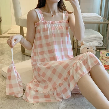 

Plaid sexy nightgown baby doll Cotton summer night wear women pajama one-piece women's pajamagecelik sexy chemise de nuit femme