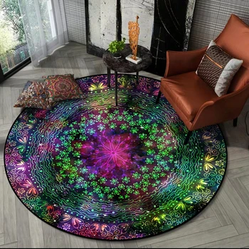 

Ethnic Mandala Printed Round Carpet Retro Geometric Flower Sofa Living Room Area Rugs Bedroom Kids Play Tent Non-Slip Floor Mats