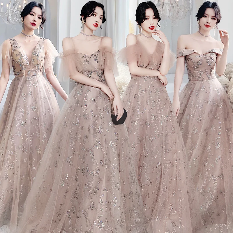 Bridesmaid Dresses Sequined Lace Tulle A-Line Spaghetti Straps Floor-Length Short V-neck Luxury Lady Wedding Party Dresses E035 Bridesmaid Dresses Sequined Lace Tulle A-Line Spaghetti Straps Floor-Length Short V-neck Luxury Lady Wedding Party Dresses E035