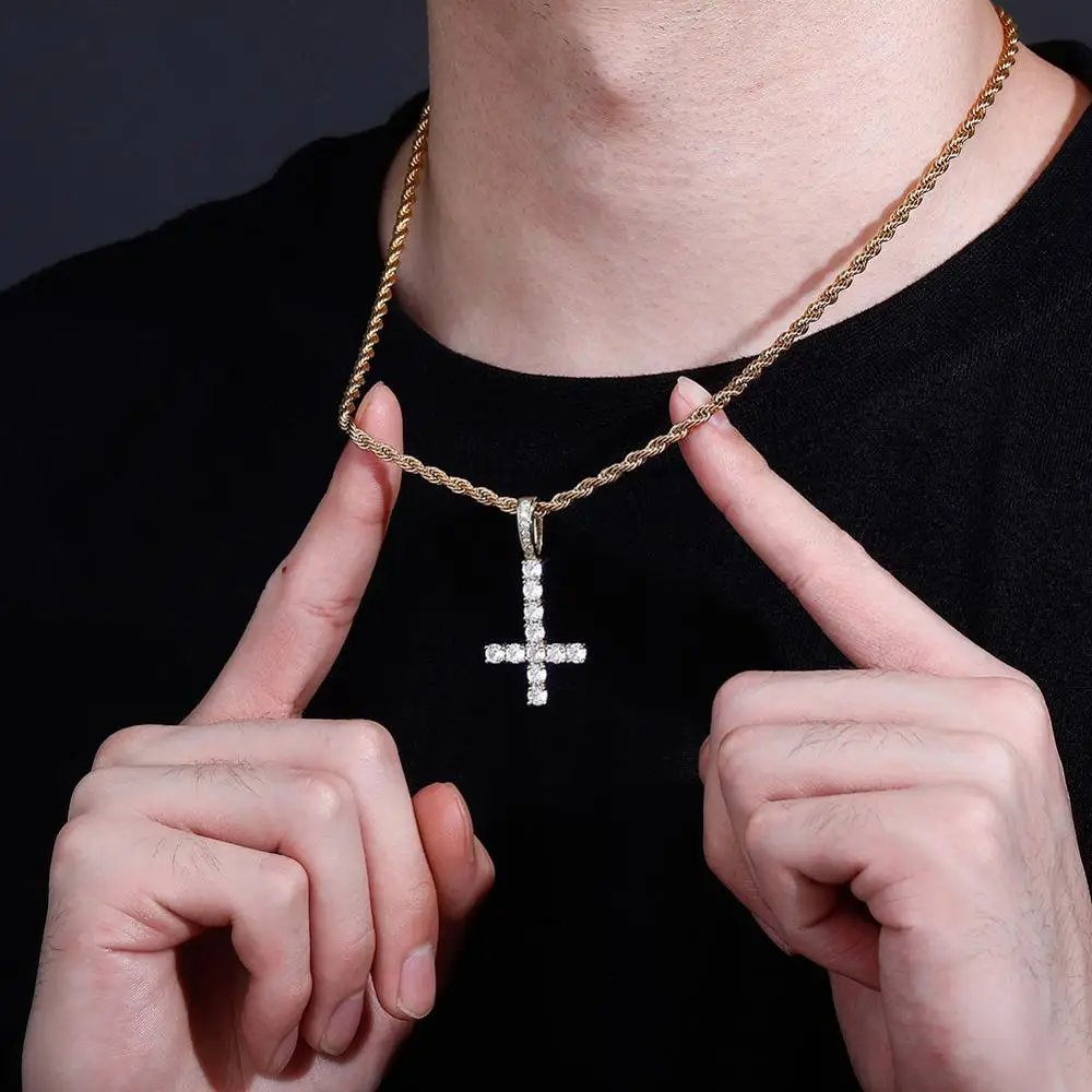 TOicalRILLZ-Collier pendentif croix à l'envers pour homme, haute qualité, glacé, cubique, contre-indiqué, mode hip hop, bijoux pour cadeau, nouveau