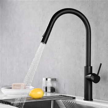 

Kitchen Faucets Black Single Handle Pull Out Kitchen Tap Single Hole Handle Swivel 360 Degree Water Mixer Tap Hot Cold Water