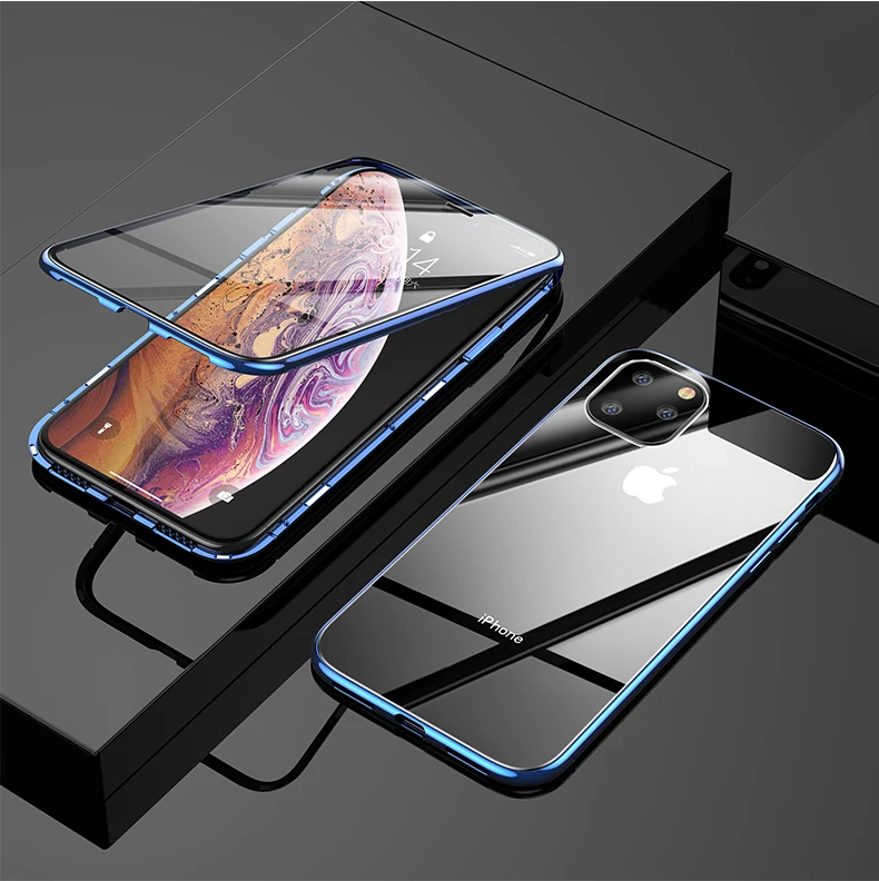 blue Для iphone 11 Pro Max Магнитный чехол 360 Передний+ задний двухсторонний 9H закаленное стекло чехол для iphone 11 металлический бампер чехол - Цвет: blue