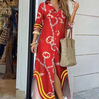 

Striped Chain Print Paisley Long Dress Women Summer Lady Sexy Casual Buttons Dress Fashion Elegant Camouflage Party Vestidos