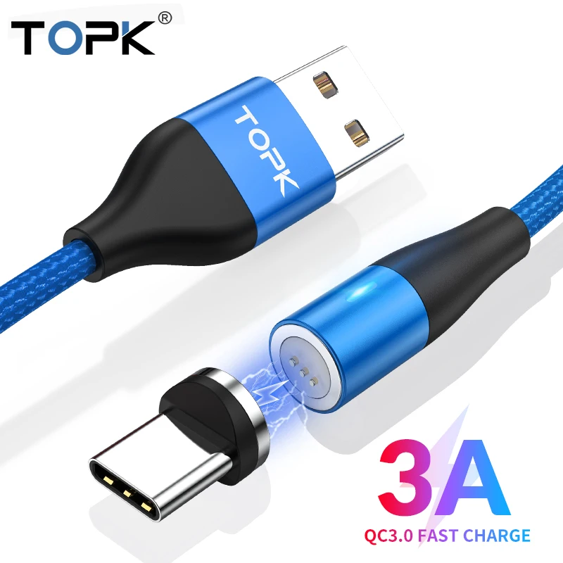TOPK AM60 3A 3rd Generation Fast Charging LED Magnetic USB Type C Cable for Xiaomi Redmi Note 7 Data Cable|Кабели для мобильных
