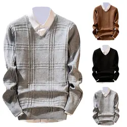 Винтажные клетчатые трикотажные свитера для мужчин, хлопковые повседневные Sueter Masculino с v-образным вырезом, осенне-зимняя одежда Modish Pull Homme