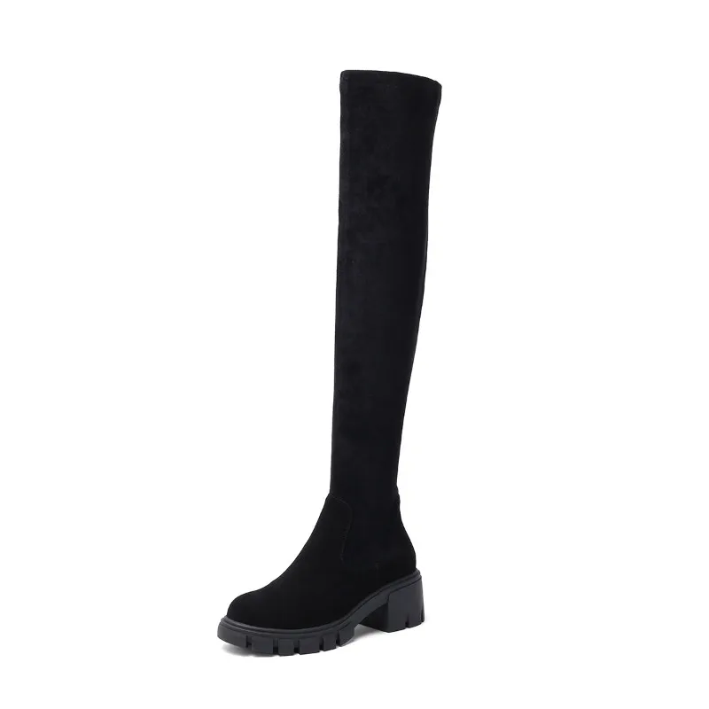 black 1 short plush XIUNINGYAN/женские ботфорты; женские эластичные сапоги из натуральной кожи на толстом каблуке; однотонная Уличная обувь для вечеринок; женская обувь - Цвет: black 1 short plush