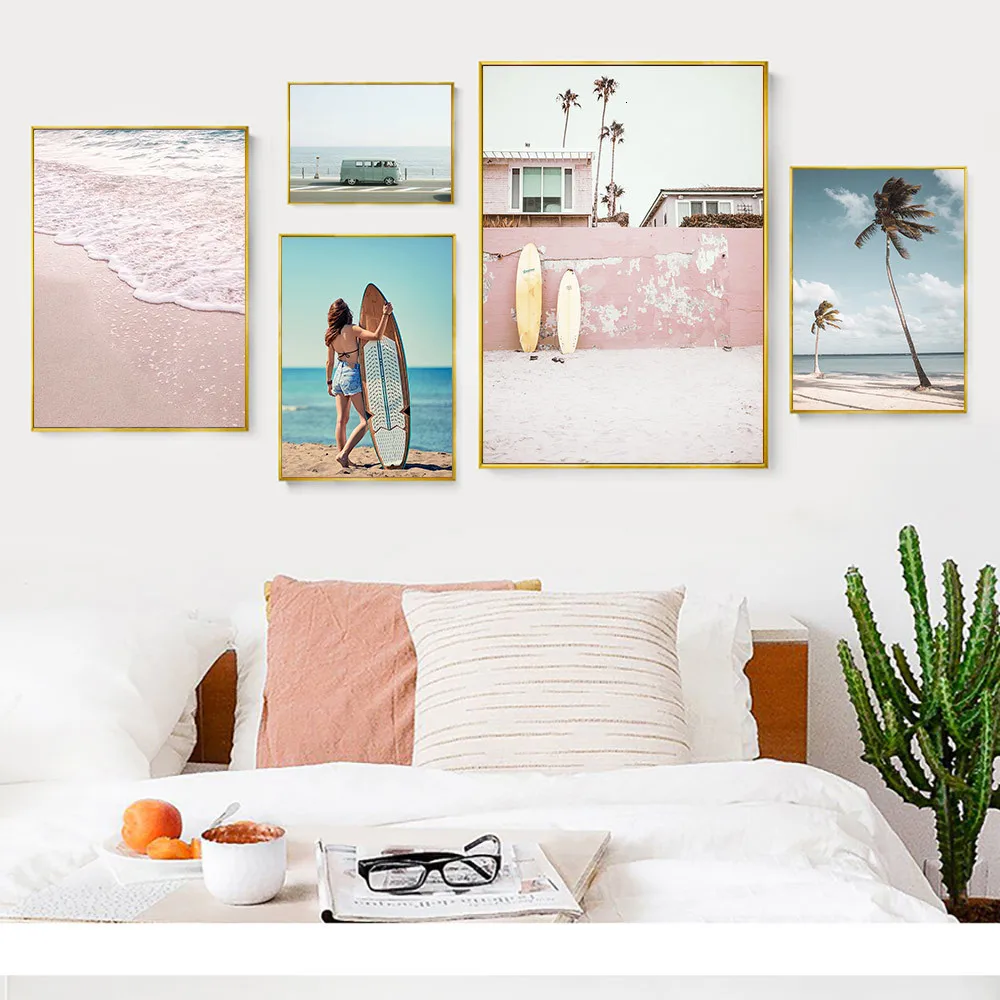 Pink Beach Surfing Canvas Prints Scandinavian Landscape Wall Poster Living Room Pictures Paintings quadro plakat | Дом и сад