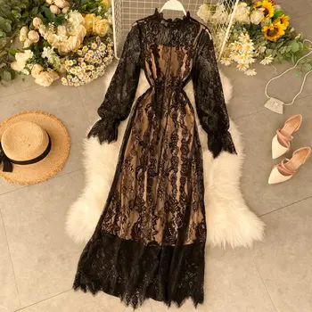 

Temperament Ladies High-end Dress Maxi Female Lace Long Sleeve Two-piece Dress Fashion Elegant Hollow Out Party Vestidos f2628