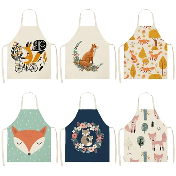 

Cute Fox Printed Cotton Linen Brief Sleeveless Aprons Home Cooking Baking Waist Bib Kitchen Women Pinafore 53*65cm WQL0159