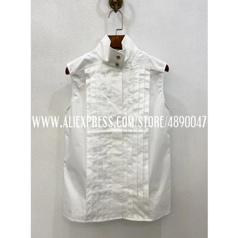 

Women's White Sleeveless Top Summer Casual Shirt 100%Cotton Pleated Ladies Shirt Exquisite temperament sleeveless shirt