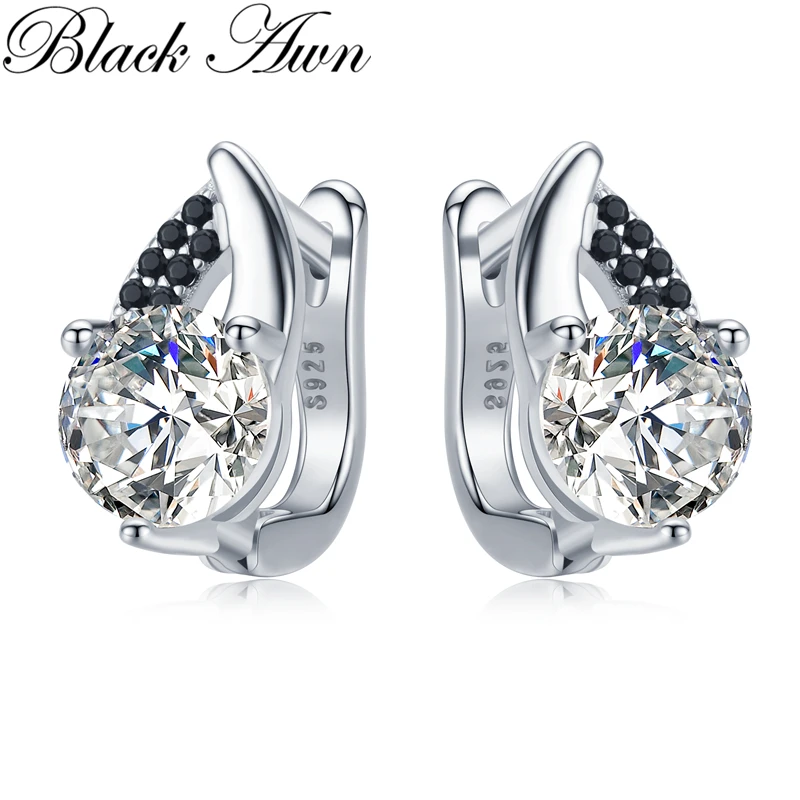 Black Awn   Classic 925 Sterling Silver Round Black Trendy Spinel Engagement Hoop Earrings for Women Fine Jewelry Bijoux I131 1