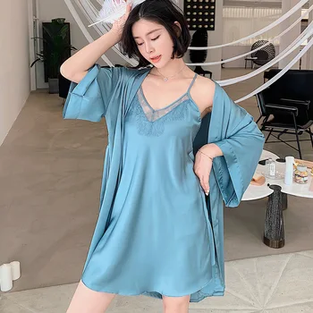 

Lady Sexy Nighty&Robe Suit Lace Sleepwear Satin 2PCS Sleep Set Intimate Lingerie Silky Kimono Bathrobe Gown Nightdress Homewear
