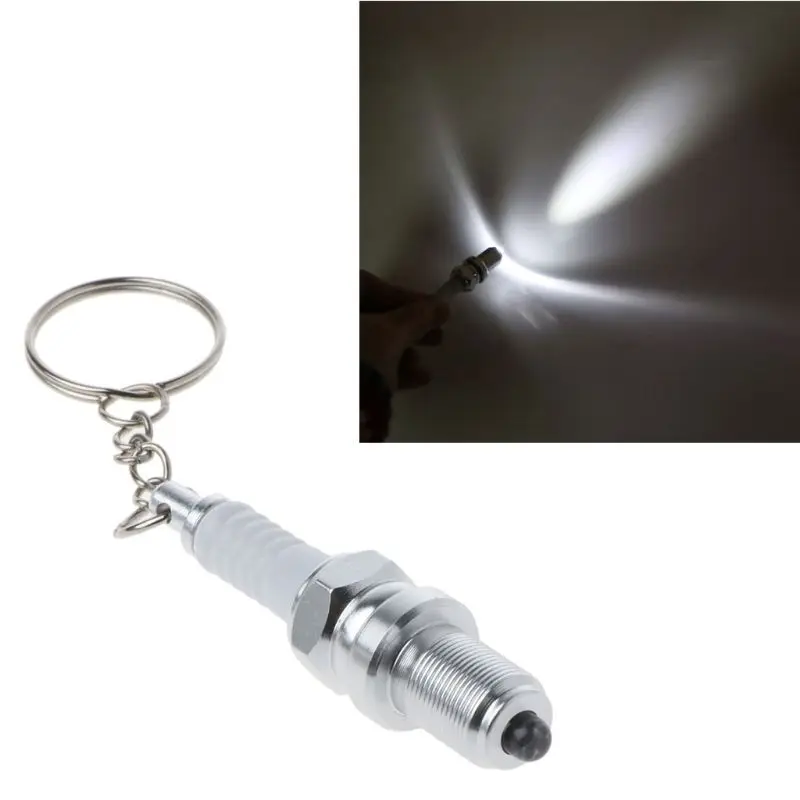 

Novelty LED Flashlight Key Chain Spark Plug Shaped Keychain Mini Car Parts Outside Camping Keyring Silver Jewelry Gift