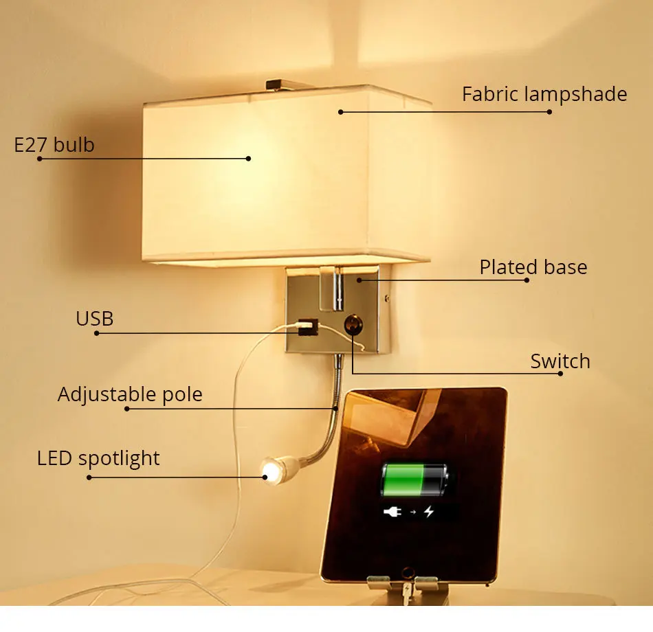 LED Wall Light USB Switch Sconce Bedroom Indoor Lighting Fixtures Up Wall Mounted E27 Bulb Hotel Cube Modern Loft Decor Lamp (5)