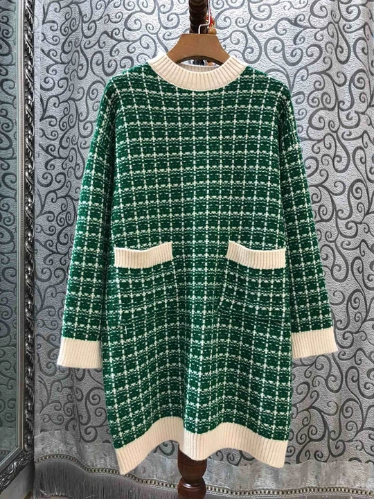 autumn and winter new women's color matching side symmetrical pocket wool dress