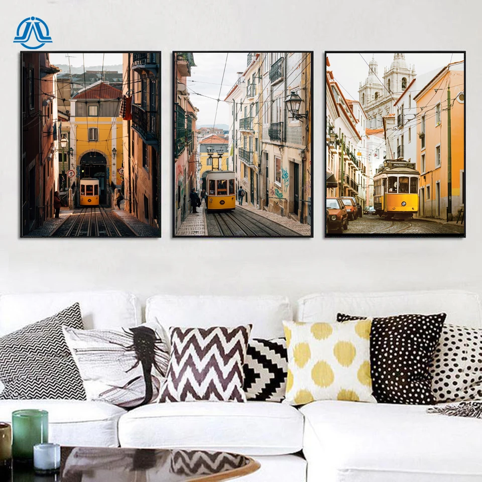 

Portugal Style Vintage City Canvas Paintings Modern Building Photo Wall Art Pictures Tram on Street Posters Prints Living Room