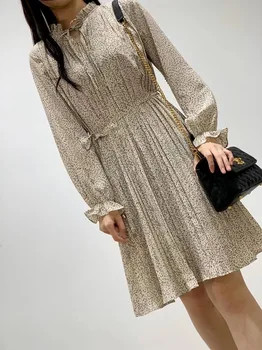 

Women Dress New Retro Mid-length Floral Drawstring Pleated Dress with Long Sleeves