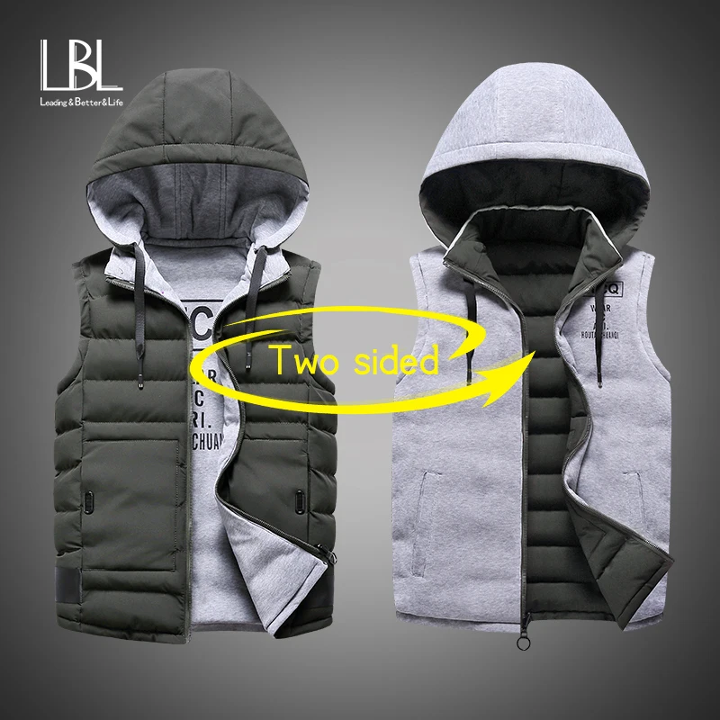 

Winter Cotton Sleeveless Jacket Men 2019 Two Side Wear Vest Hooded Warm Vest Thicken Waistcoat Mens Casual Windbreaker Jackets