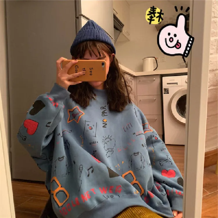 Harajuku Модные женские толстовки, уютные свитшоты с длинным рукавом, джемперы на осень и зиму с круглым вырезом, Свободные повседневные пуловеры, топы